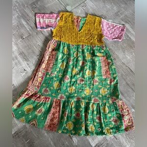 Vintage Kantha Handmade Short Sleeve Midi Dress with Pockets Size Small